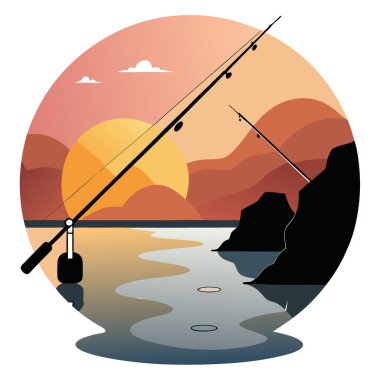 Gün batımında kayalık bir sahil kenarında yansıtıcı sulara atılan iki olta kamışı. Yapay zeka üretildi. Vektör simgesi