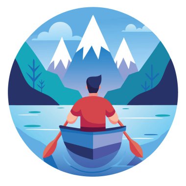 Arka planda, berrak dağ gölünde kanoda gezerken görülen bir adam. - Evet. Yapay zeka üretildi. Vektör simgesi