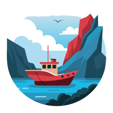 Kayalık kayalıkların ve sakin suların yakınında kırmızı bir balıkçı teknesinin olduğu sakin bir sahil manzarası yapay zeka oluşturdu. Vektör simgesi