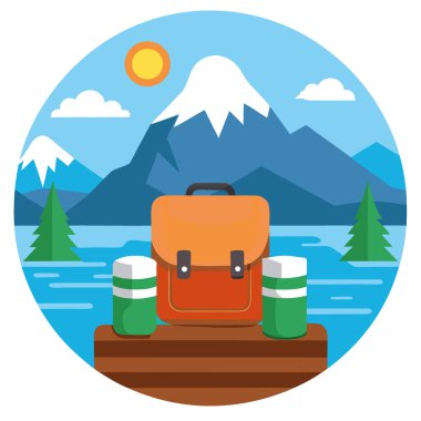 Göl manzaralı ve karlı dağlara bakan bir kütüğe oturmuş macera gezileri. Yapay zeka üretildi. Vektör simgesi