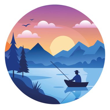 Bokeh 'in Huzurlu Peyzaj ve Doğa Fotoğrafçılığı Etkisi ile Şafakta Erken Balıkçılık. Yapay zeka üretildi. Vektör simgesi