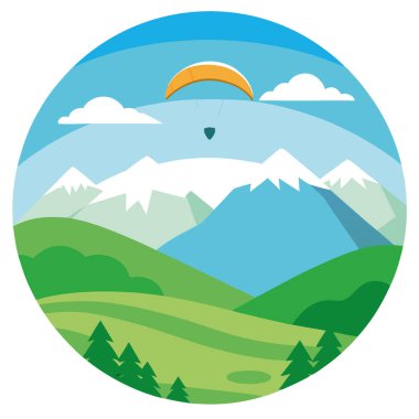 Yuvarlanan yeşil tepelerin üzerinden paraşütle atlıyor. Arka planda karla kaplı tepeler var. Yapay zeka üretildi. Vektör simgesi
