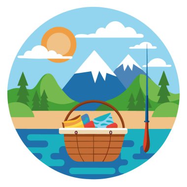 Sinek avlama ekipmanları nehir kenarında bir sepette dinleniyor. Yapay zekanın yarattığı barışçıl bir doğa ve spor sahnesi. Vektör simgesi