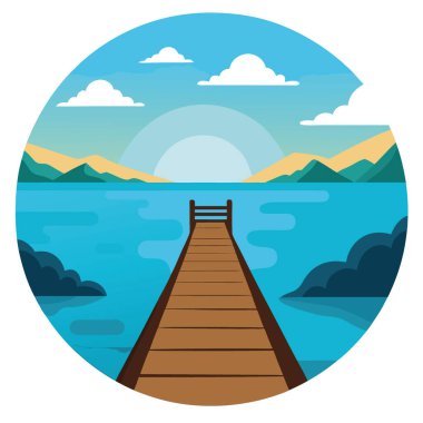 Güneşli bir günde, sakin denize uzanan tahta iskeleden manzaralı bir manzara. - Evet. Yapay zeka üretildi. Vektör simgesi