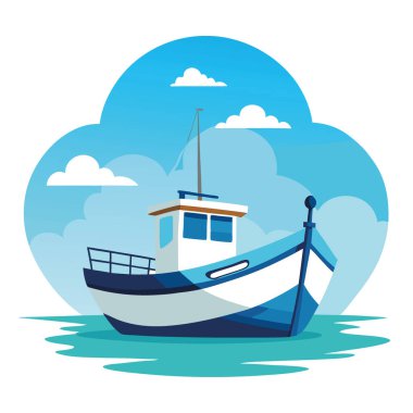 Durgun beyaz ve mavi balıkçı teknesi berrak bir gökyüzünün altında durgun turkuaz sularda demirledi. Yapay zeka üretildi. Vektör simgesi