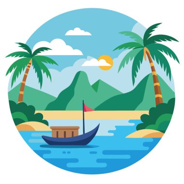 Sakin sular geleneksel tekne yolculuğu tropik cennet manzaralı huzur. Yapay zeka üretildi. Vektör simgesi