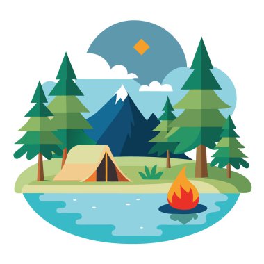 Etrafı çam ağaçları ve çıtırdayan bir ateşle çevrili sakin bir göl kenarında rahat bir kamp alanı. Yapay zeka üretildi. Vektör simgesi