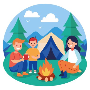 Aile kamp ateşiyle kamp gezisinde eğleniyor ve Al 'in ürettiği neşeli bir açık hava ortamında çadır kuruyor. Vektör simgesi
