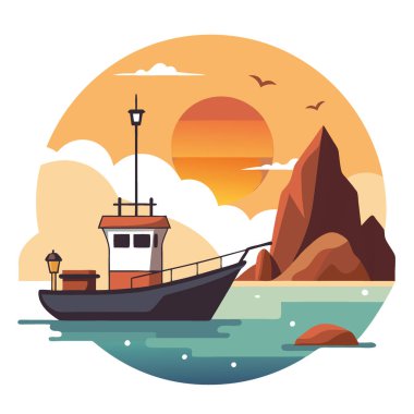 Güneş doğarken balıkçı teknesi kayalık kıyı şeridinde heyecanlı bir gün için hazırlanıyor. Yapay zeka üretildi. Vektör simgesi