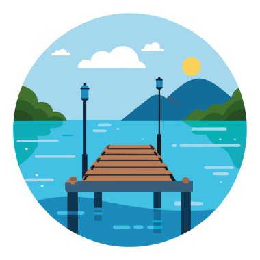 Suyun yanında direkleri olan bir balıkçı iskelesi. Açık hava eğlencesi ya da göl manzaraları için uygun. Yapay zeka üretildi. Vektör simgesi