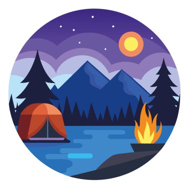 Huzurlu göl manzarası, deniz kenarında bir çadır ve akşam gökyüzünün altında parlayan bir kamp ateşi yapay zeka oluşturdu. Vektör simgesi