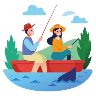 Gölde balığa çıkan bir çift. Elinde oltalarla bir teknede otururken yapay zeka üretildi. Vektör simgesi