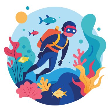 Bir dalgıç, sakin bir sualtı macerası sırasında canlı bir mercan resifinin derinliklerini keşfeder. Yapay zeka üretildi. Vektör simgesi