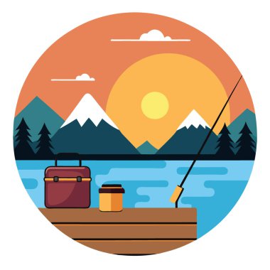 Gün batımında sakin bir göle bakan ahşap bir rıhtımda duran bir olta ve olta kutusu yapay zeka tarafından oluşturuldu. Vektör simgesi
