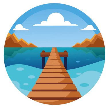 Sakin suya doğru uzanan ahşap bir iskele. Rahatlatıcı bir gezinti ya da balık avı için mükemmel. Yapay zeka üretildi. Vektör simgesi