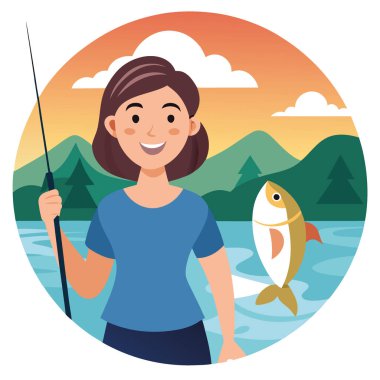 Gün batımında güzel bir gölde balık tutarken yakaladığı balıkla gülümseyen genç bir kadın yapay zeka üretir. Vektör simgesi