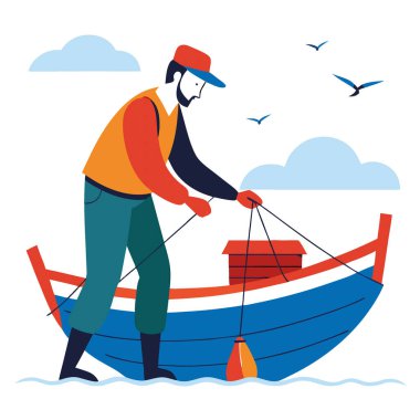 Balıkçı, denizdeki bir teknede ağlarını onarıyor. Başka bir balık avlama macerasına hazır ol. Yapay zeka üretildi. Vektör simgesi
