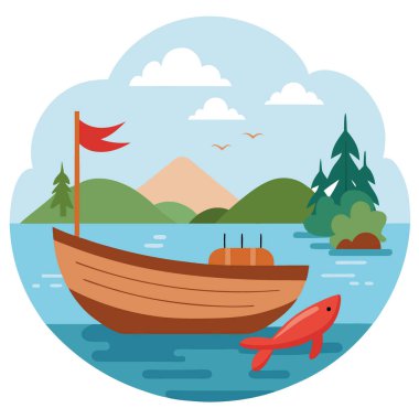 Sakin bir gölde, ıstakozlar dahil taze balıklarla dolu ahşap bir tekne. Taze av. Su. Göl. Yapay zeka üretildi. Vektör simgesi