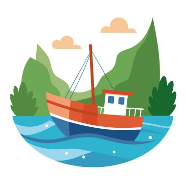 Nehir boyunca giden balıkçı teknesi arka planda basit görünüyor. Yapay zeka oluşturun. Yapay zeka üretildi. Vektör simgesi