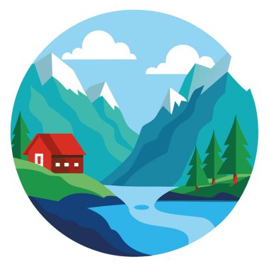 Lovatnet Gölü Lodal Vadisi ile çevrili doğal bir Norveç manzarası. Stok fotoğrafçılığı. Yapay zeka üretildi. Vektör simgesi