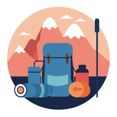 Sırt çantası. yürüyüş direkleri ve dağlarda uyku paspası. Metin için boşluk. Turizm ekipmanları. Yapay zeka üretildi. Vektör simgesi