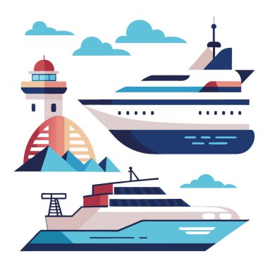 Bir balıkçı gemisinin modern çizimi. Bir yolcu gemisinin çizimi. Yapay zekanın yarattığı büyük bir yatın çizimi. Vektör simgesi