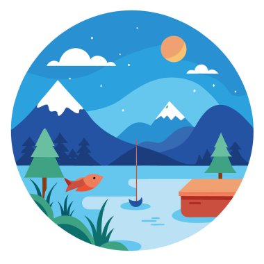 Parlak Gök 'ün Altındaki Huzurlu Göl' de Sazan Balıkçılığı Gezisinin tadını çıkarıyorum. Yapay zeka üretildi. Vektör simgesi