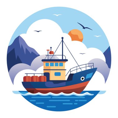 Sakin sularda yüzen balıkçı teknesi kıyı bölgesindeki av için hazırdır. Yapay zeka üretildi. Vektör simgesi