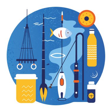 Dokulu mavi bir yüzeye yerleştirilmiş olta ve makaralar gün için hazırlandı. Yapay zeka üretildi. Vektör simgesi