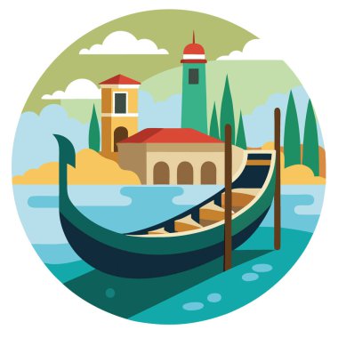 Gondol ülkesi, yaz gezisi kanalı gondolunun son derece detaylı fotoğrafı. Yapay zeka üretildi. Vektör simgesi