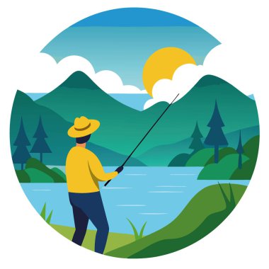Sükunet Balıkçısı, Sunrise 'da Lush Yeşillik ile çevrili Serene Gölü' ne bir hat çekiyor. Yapay zeka üretildi. Vektör simgesi