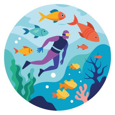 Turkuaz bir denizde canlı mercan resiflerinde yüzen bir dalgıç. Egzotik balıklarla çevrili. Yapay zeka üretildi. Vektör simgesi