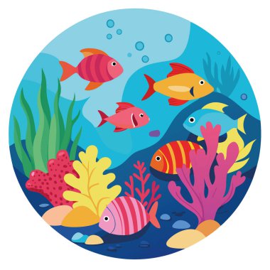 Hareketli bir mercan resifi canlı mercan oluşumları arasında yüzen renkli balıklarla doludur. Yapay zeka üretildi. Vektör simgesi