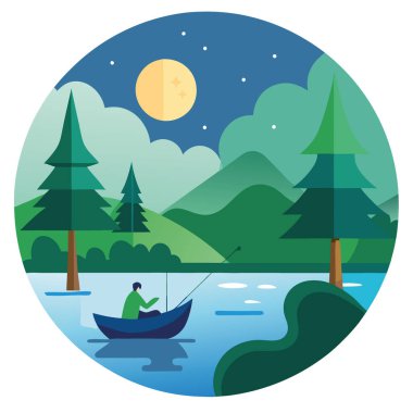 Sabahın erken saatlerinde yemyeşil orman zeminiyle göl kenarında sakin bir balık tutma gezisi. - Evet. Yapay zeka üretildi. Vektör simgesi