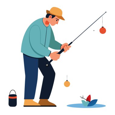 Kıyı balıkçılığı için balık yemi hazırlayan adama yakın çekim. Oyuncu seçimi için hazırlanıyor. Yapay zeka üretildi. Vektör simgesi