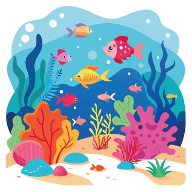 Gün ortasında bir sualtı cennetinde renkli deniz canlılarıyla dolu canlı bir mercan duvarı. Yapay zeka üretildi. Vektör simgesi