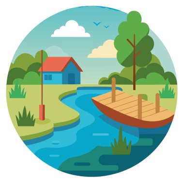 Kırsalda sakin bir balıkçı göleti. Eski ahşap bir rıhtım ve ona bağlı bir kayıkla. Yapay zeka üretildi. Vektör simgesi