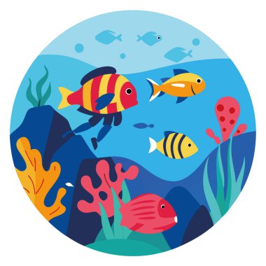 Berrak mavi sularda renkli balıklar arasında dalgıçlık yaparken canlı mercan resiflerini keşfediyorlar. Yapay zeka üretildi. Vektör simgesi