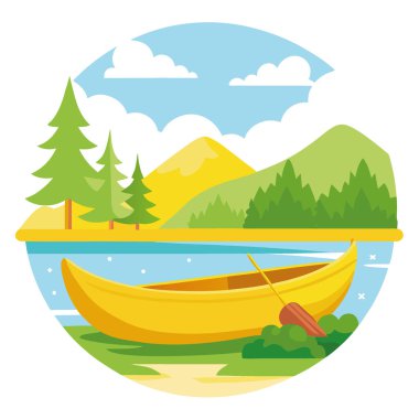 Sakin bir gölün kumlu sahilinde güneşli sarı bir kano. Yeşillik yeşil ormanlarla çevrili yapay zeka üretiyor. Vektör simgesi