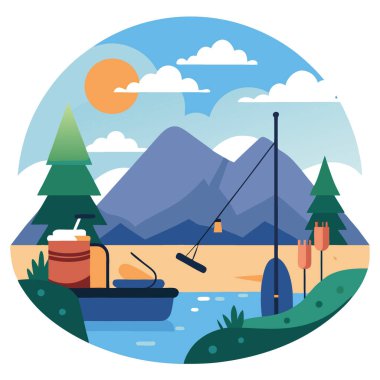 Huzurlu Besleyici Balıkçılık Malzemeleri ve Doğa ile çevrili Serene Gölü Kurulumu. Yapay zeka üretildi. Vektör simgesi