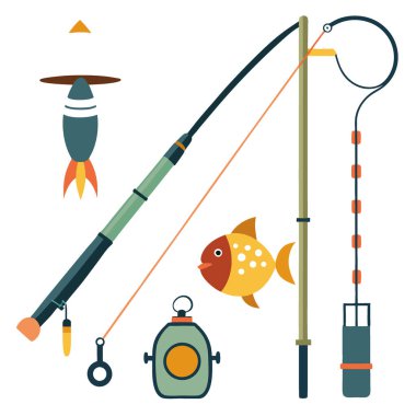 Tam bir olta ve makara seti. Yapay zekanın ürettiği mükemmel yakalama için aksesuarlarla birlikte hazır. Vektör simgesi