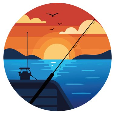 Gün batımında bir balıkçı teknesinden sakin bir manzara. Yapay zekanın ürettiği balık tutma çubukları ve sakin okyanus suları sergileniyor. Vektör simgesi