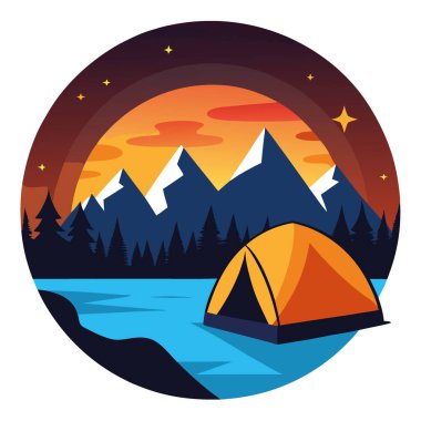 Göl kıyısında sıcak ışıkla parlayan bir çadır. Akşamları gökyüzüne karşı siluet oluşturan dağlar yapay zeka oluşturur. Vektör simgesi