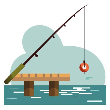 Çatlak makaralı yıpranmış bir olta kamışı. Sakin bir gölün üzerindeki tahta iskeleye yaslanarak. Yapay zeka üretildi. Vektör simgesi