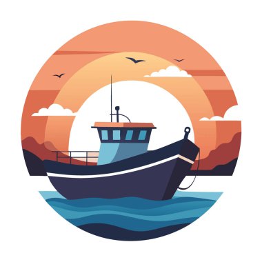 Plum Adası açıklarındaki dingin sularda yüzbaşının teknesinin büyüleyici görüntüsü. Yapay zeka üretildi. Vektör simgesi