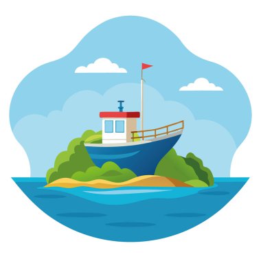 Bozulmamış bir teknenin yanında demirli bir balıkçı teknesi. Yumuşak mavi suyu ve berrak gökyüzü olan ıssız bir ada. Yapay zeka üretildi. Vektör simgesi