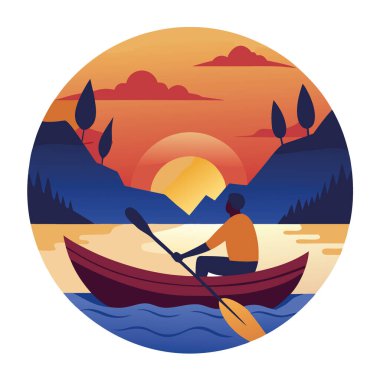 Günbatımında tahta bir teknede kürek çeken bir adam. Diğer kürekçiler barışçıl bir nehirde arka planda. Yapay zeka üretildi. Vektör simgesi