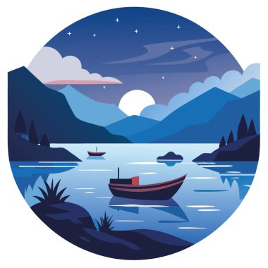 Sakin bir akşam, Karadağ 'daki sakin tekneler ve uzak dağlarla Skadar Gölü' nü yansıtıyor. Yapay zeka üretildi. Vektör simgesi