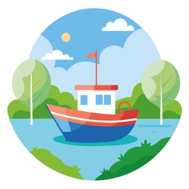 Berrak Yeşillik ve Mavi Gökyüzü ile çevrili Serene Minik Balıkçı Teknesi Sakin Sularda Çapalanıyor. Yapay zeka üretildi. Vektör simgesi