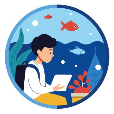 Öğrenci bir akvaryumda çalışmaya dalmış. Yapay zekanın ürettiği bir denizaltı penceresinden deniz yaşamını gözlemlemek. Vektör simgesi